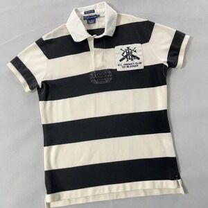 Ralph Lauren Cricket Club Shirt Women Large Black Cream Striped Rugby RL Polo